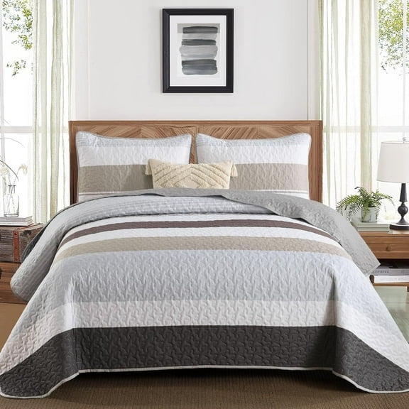 Grey Boho Quilt Set Queen Size Bedding Set Striped Patchwork Bedspread Coverlet All Season 96"x90"