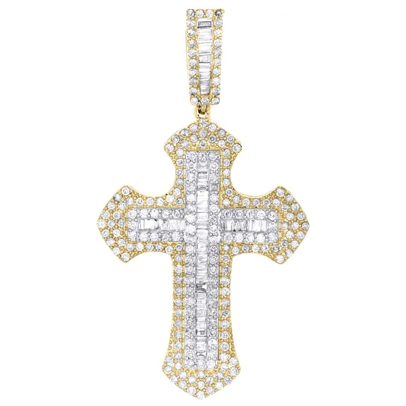 10K Yellow Gold Real Baguette Diamond Men's Tier Pointed Cross Pendant 1 1/2 CT
