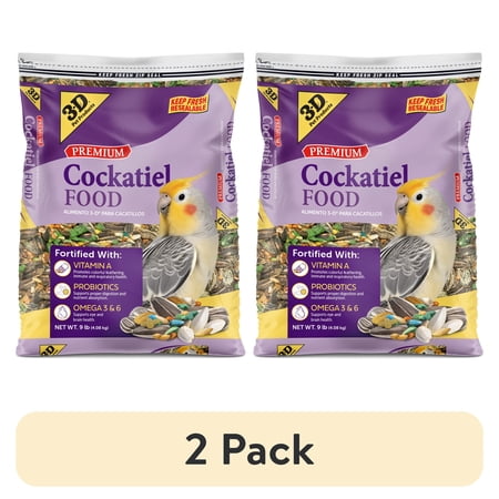 (2 pack) 3-D Pet Products Premium Cockatiel Mix Bird Food Seeds, with Probiotics, 9 lb. Bag