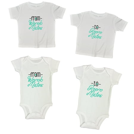 Twin Onesies Set & Toddler “From Womb Mates” “To Room Mates” Boy or Girls - Funny Threadz Kids 6-9 Months, White