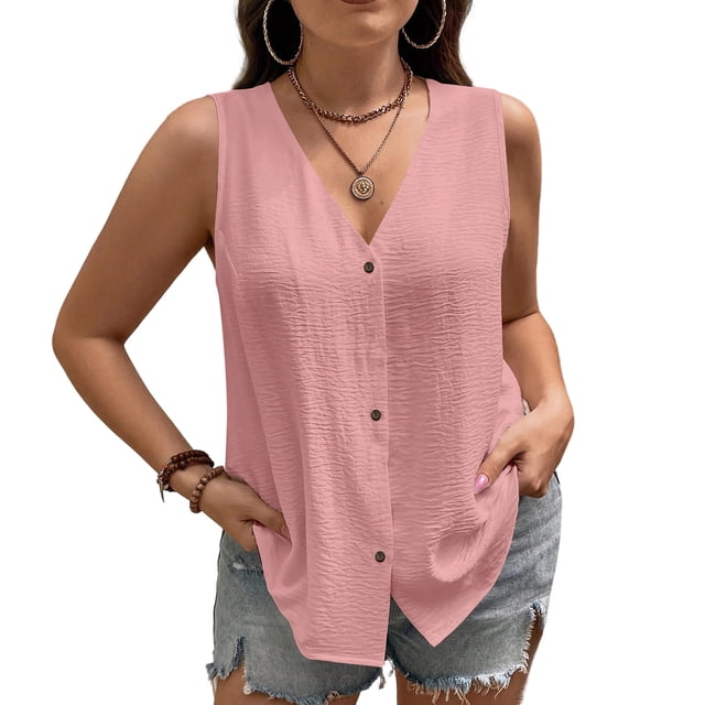 Tops de Color Sólido para las Mujeres Botón Cuello Redondo 3/4 Manga Blusa Casual, las Mujeres de Entrenamiento Tops Suave Transpirable