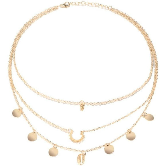 Seashell Geometric Wafer Leaves Triple Necklace Choker Collar Sequin Bohemian Thin Elegant Retro Style Jewelry Gift for Women Girls