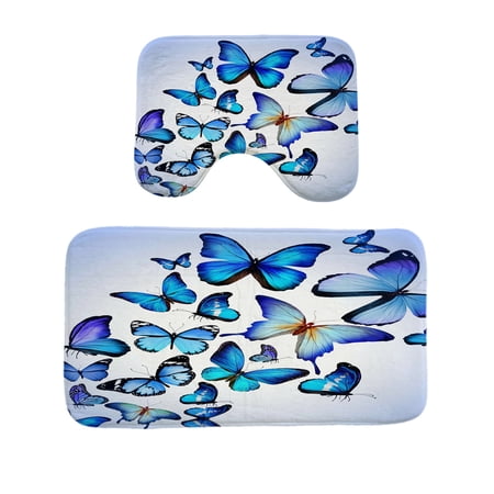 Set of 2 Piece Blue Butterfly Printed Bathroom Rug and Toilet Contour Mat Soft Memory Foam Bath Mats Machine Washable