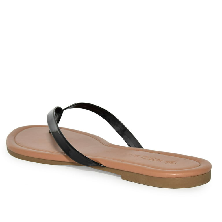 Wild Diva Classic Faux Patent Strap Leather Almond Toe Flip Flop Thong  Sandals (Black, 7)