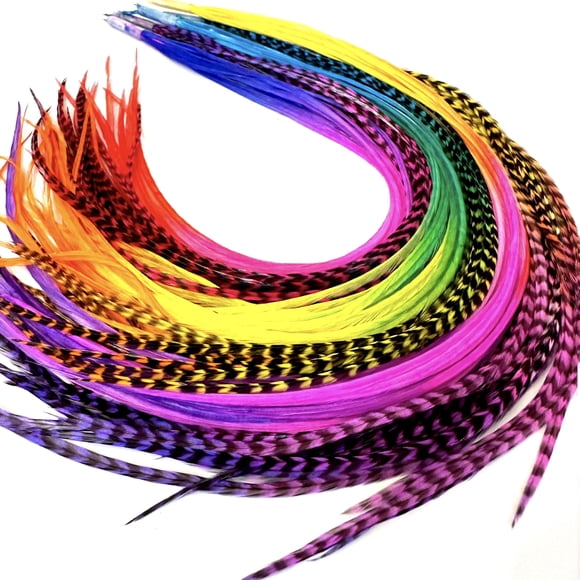 21 Plumes de Cheveux Couleur Teinture sur Nœuds Arc-en-Ciel - 9â- 14” Longues - Plumes pour Extension de Cheveux, Trousse de Bricolage pour Extension de Cheveux - Design Accrocheur