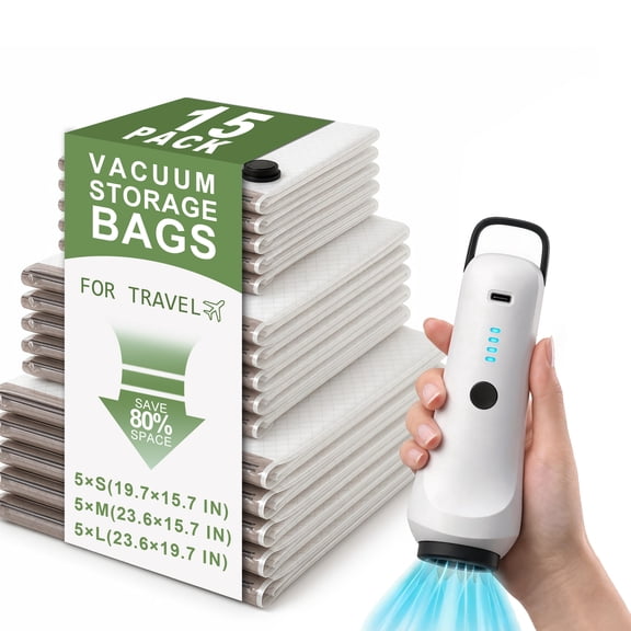 Vacuum Storage Bags for Travel with Rechargeable Pump, 15 Pack, Vacuum Storage Bags with Electric Pump Reusable Shrink Bags