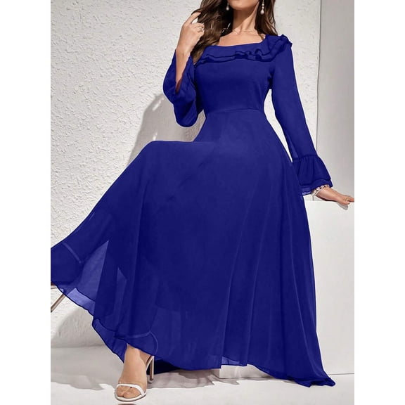 Womens Royal Blue Ruffled Flare Sleeve Maxi Dress - Elegant Long Evening