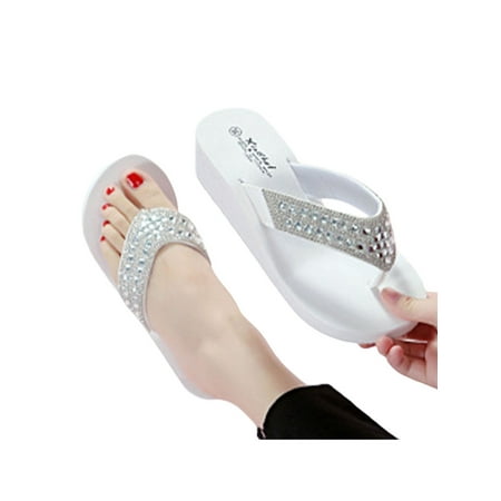 

Fangasis Wedge Flip Flops for Women Rhinestone Comfort Beach Dress Thong Sandals Black\White