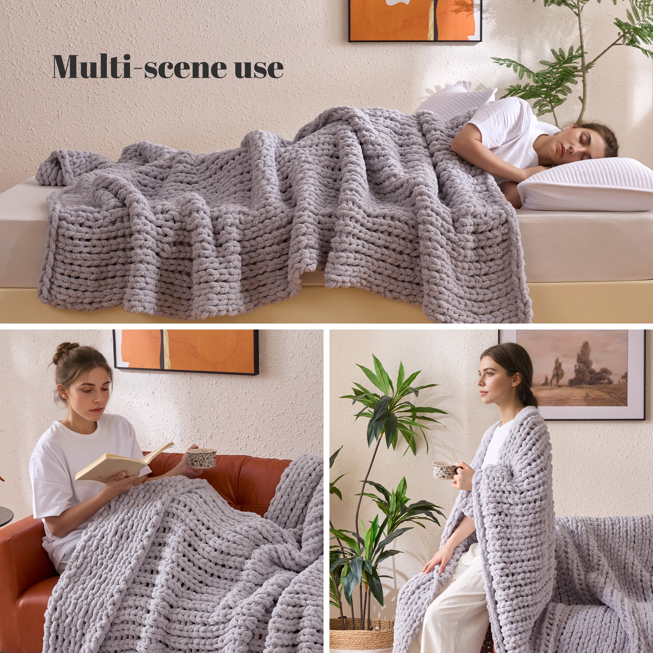 Sonive Grey Throw Blanket, Chunky Velvet Knit Warm Soft Handmade Circular Throw Blankets for Couch Bed Sofa, 80" × 90"