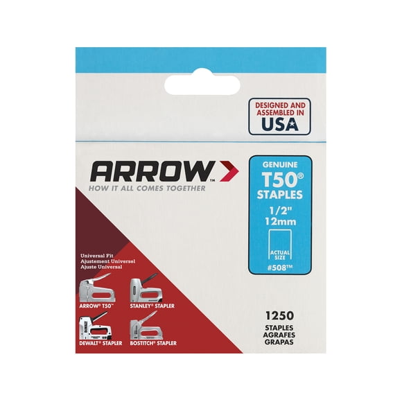 Arrow T50 Staples-1250Pack,1/2"Leg Length,3/8"Crown Width