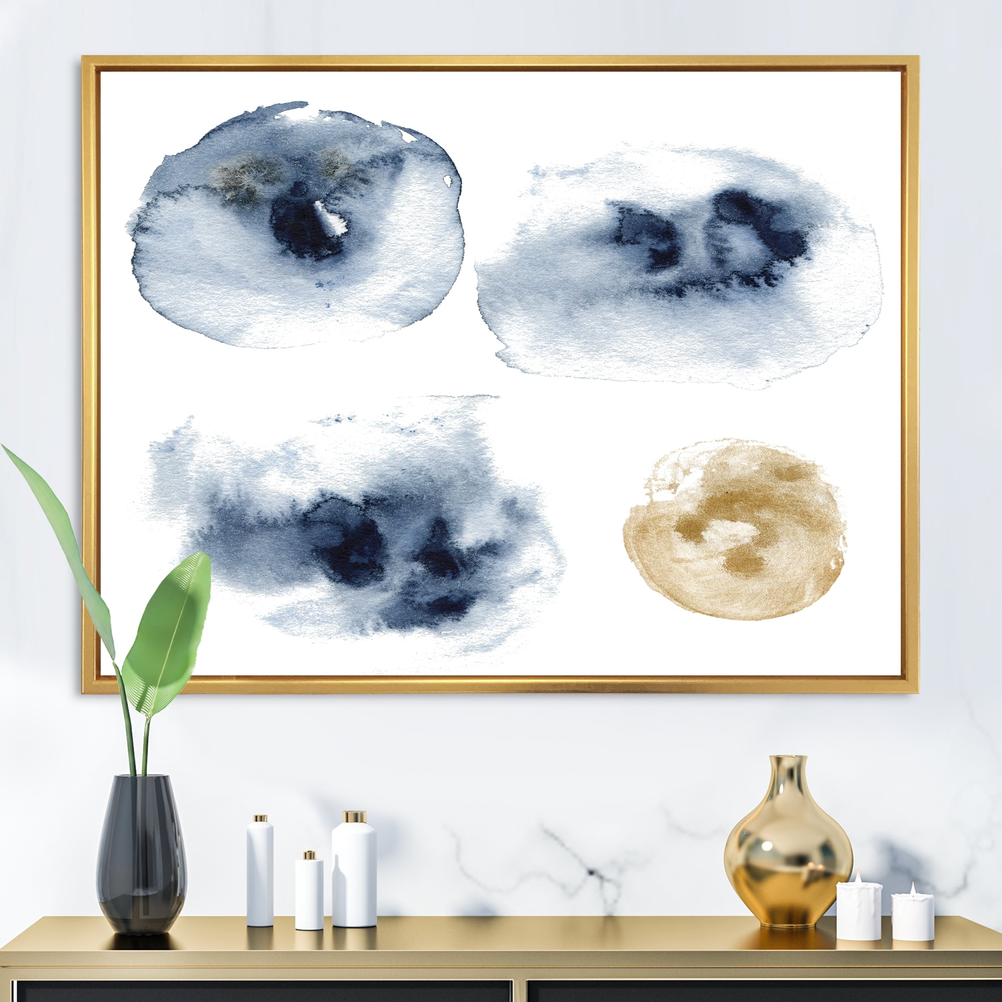 Abstract Of Gold and Dark Blue Cloud 32 in x 16 in Framed Painting Canvas Art Print, by Designart