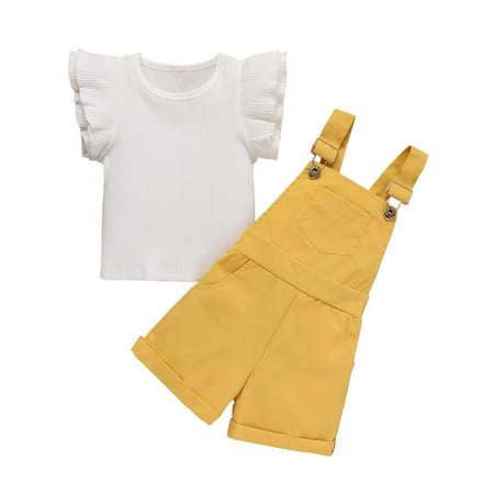 

YFPWM Summer 2 Piece Outfit for Toddler Girl Toddler Baby Girls Summer Flying Sleeve Strip Top Bib Two Piece Set Childrens Clothing Yellow 12-24 Months