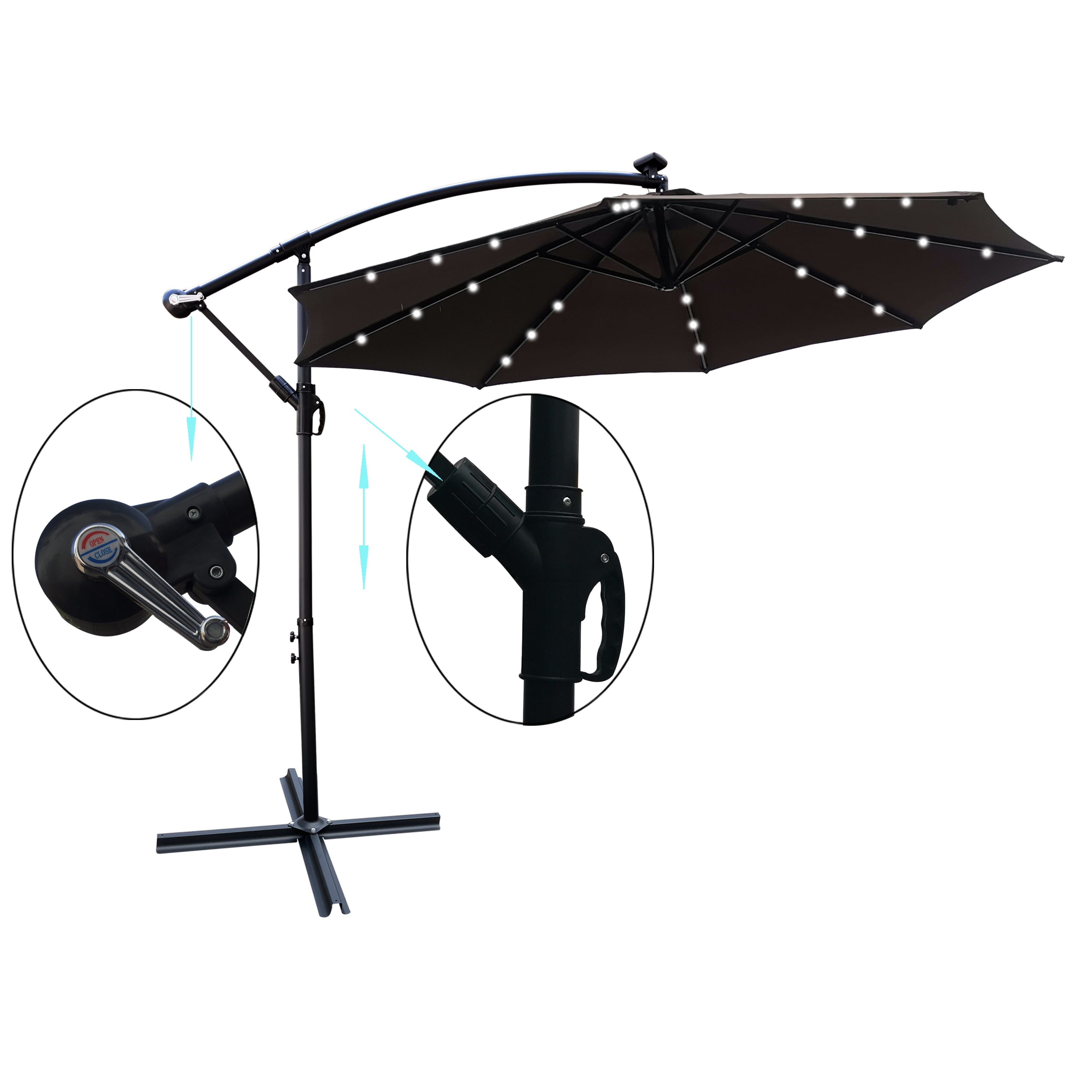 Royard Oaktree 10FT Patio Offset Umbrella w/Solar LED Lights Outdoor Cantilever Hanging Umbrella w/Crank & Cross Base UV Protection Sun Shade for Market Garden Lawn Deck Backyard Pool, Chocolate