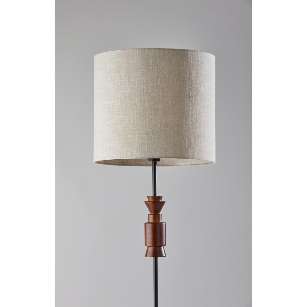 Adesso Elton Floor Lamp, Black + Walnut Wood Base, Light Beige Textured Fabric Shade