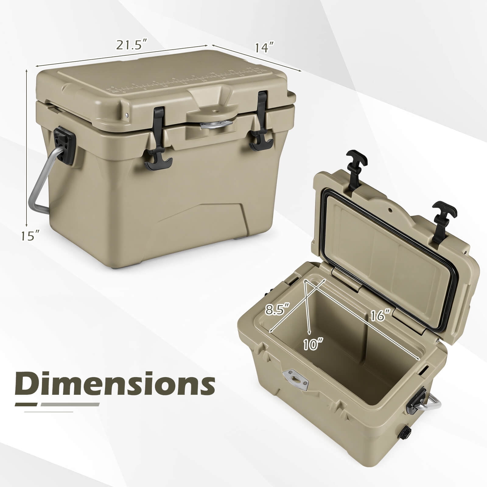 Costway 20 Quart Portable Hard Cooler Insulated Ice Chest Keeps Cool for up to 6 Days Khaki