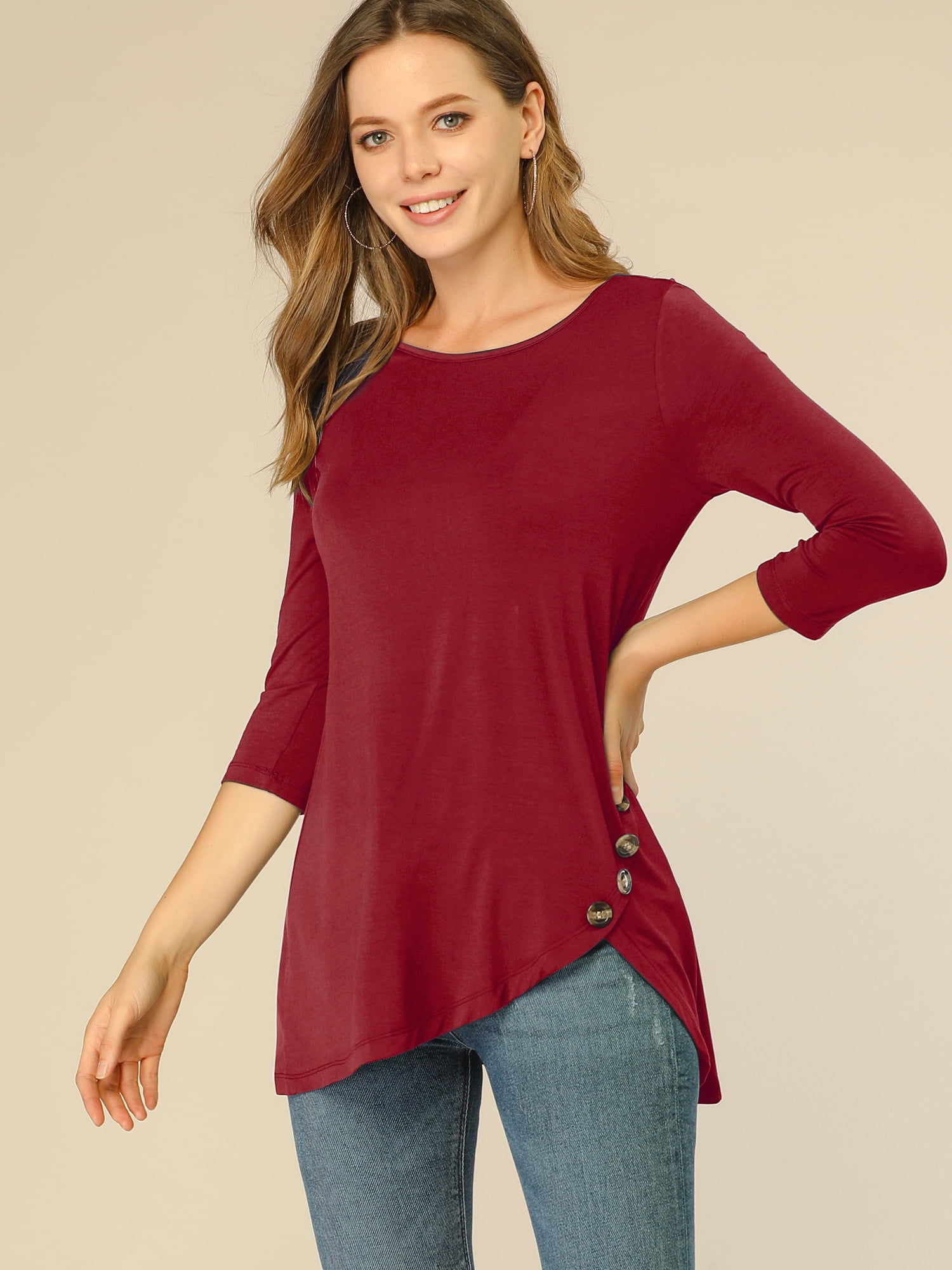 DARING DIVA Women's Casual Stretchy Tunic Asymmetric Hem Top XS Burgundy