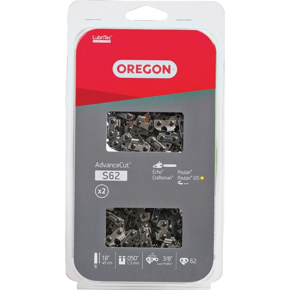 Oregon 2-Pack Chainsaw Chain 3/8" LP Pitch, .050" (1.3 mm) Gauge for 18" (45cm) Bar, 62 Drive Links Low-kickback Replacement Saw Chain, Fits Husqvarna, Echo, Poulan, Homelite, Craftsman and more
