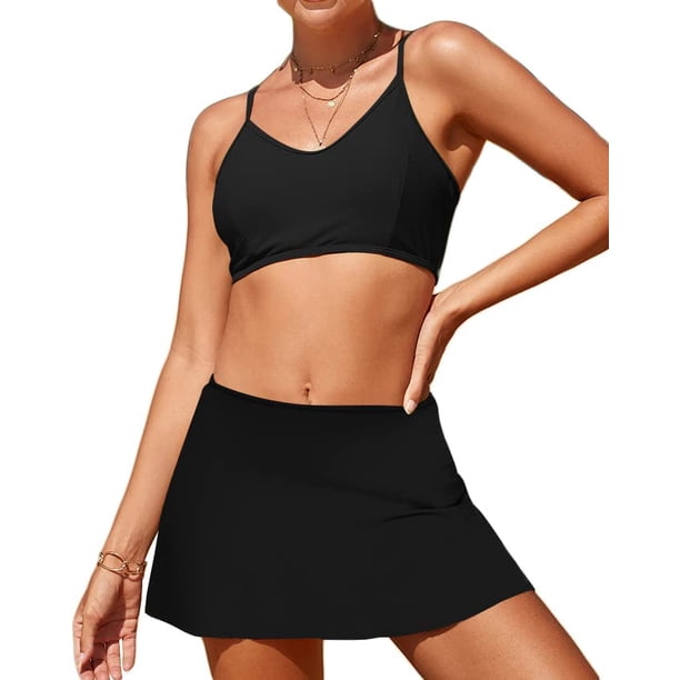 Traje de baño de 2 Piezas para Mujeres, Bikini de Cuello v, bañador de Cintura Alta con Falda de Playa Negro M Negro M Xishao ropa