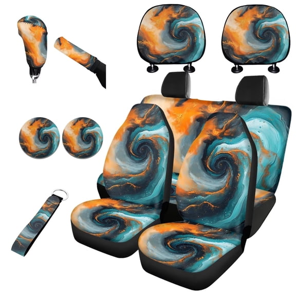 Garronmavis Black Marble Automobile Interior Sets Easy to Install with Auto Headrest Covers Handbrake Gear Shift Knob Cover Auto Cup Coaster Wristlet Keychain Fit for Sedan Van Truck