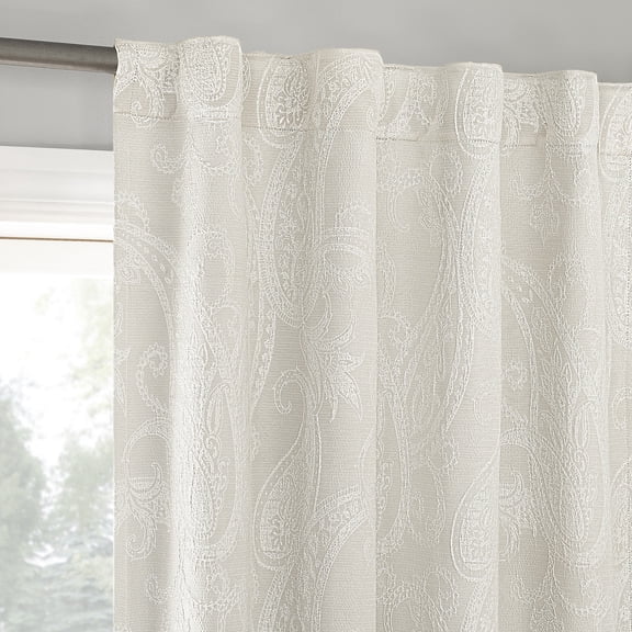 Sun Zero Pedra Paisley Embroidery 100% Blackout Back Tab/Rod Pocket Curtain Panel, 40"W x 84"L, Pearl White