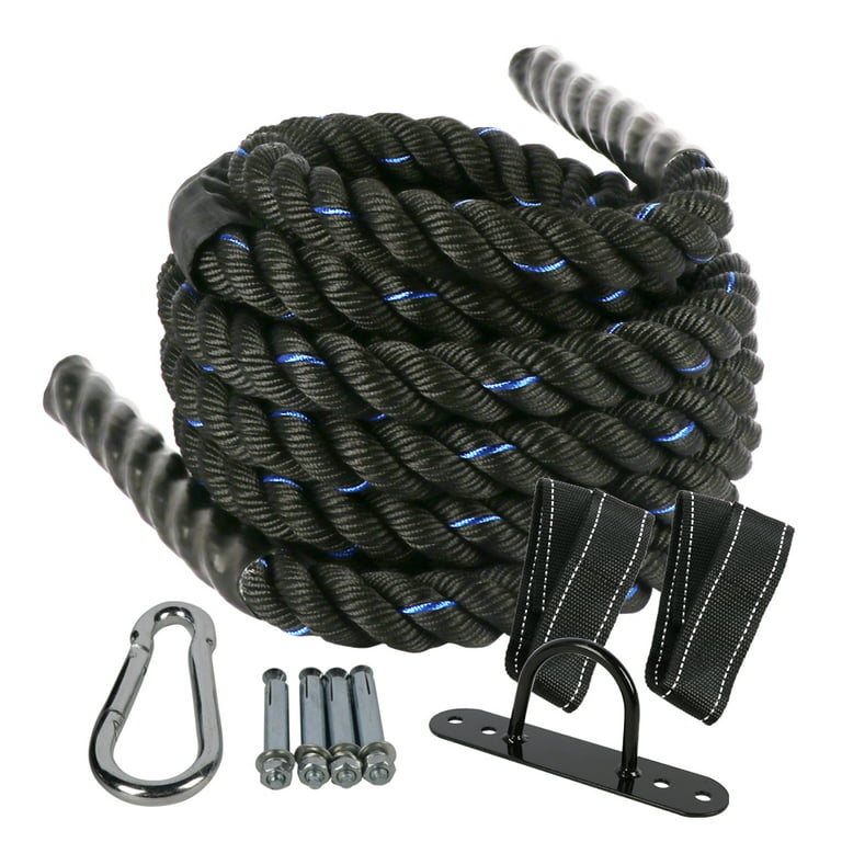 BIGTREE Battle Rope Poly Dacron 1.5 in Diameter 40 ft Length, Training Rope  with Protective Sleeve with Wall Anchor - BLACK/BLUE