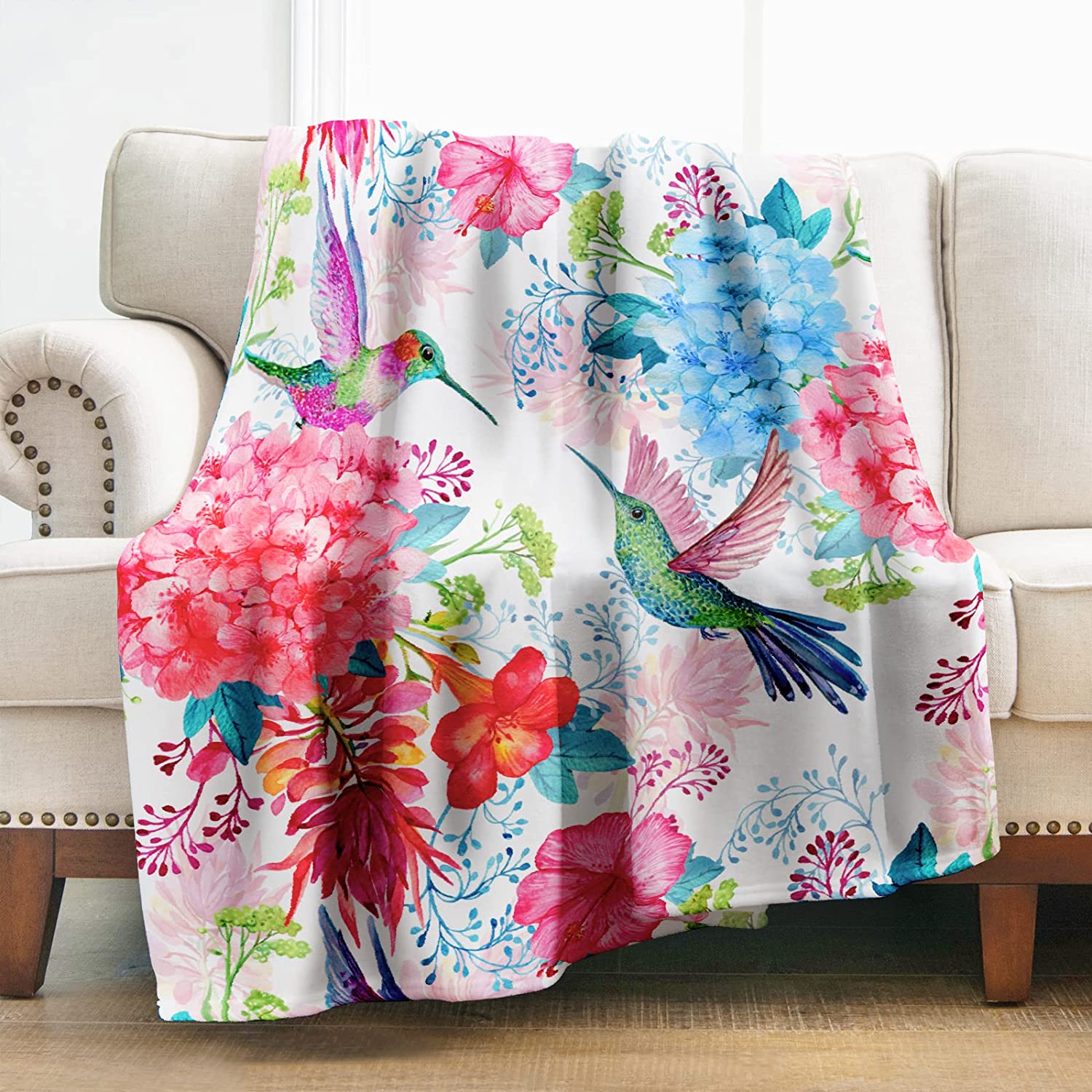 WISH TREE Levens Hummingbird Flower Blanket Gifts for Women Girls Mom, Bird Floral Decor for