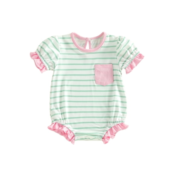BemeyourBBs Newborn Baby Girl Summer Clothes Infant Baby Girls Striped Bubble Romper Ruffle Trim Puff Short Sleeve Crewneck Jumpsuit Casual Bodysuit Playsuit