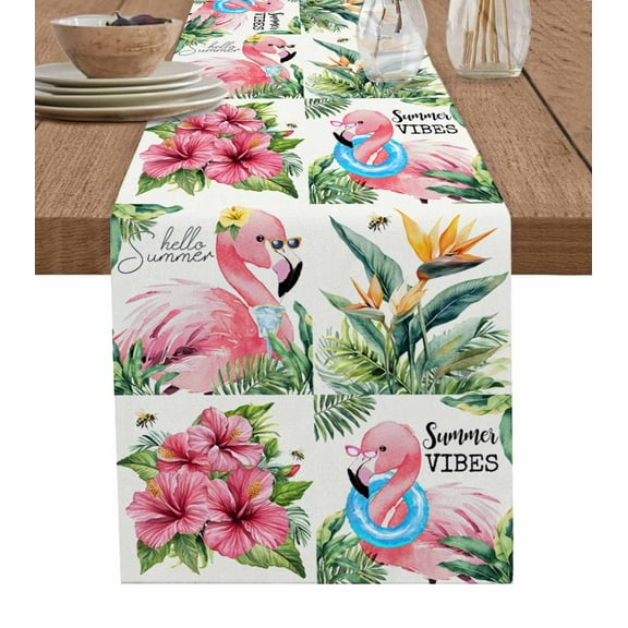 Pink Flamingos Burlap Cotton Table Runner 13x70 Inches Long, Summer Palm Leaf Tropical Botanical Farmhouse Table Runners, Outdoor Dining Tablecloths Decor for Baby Shower/Party/Wedding