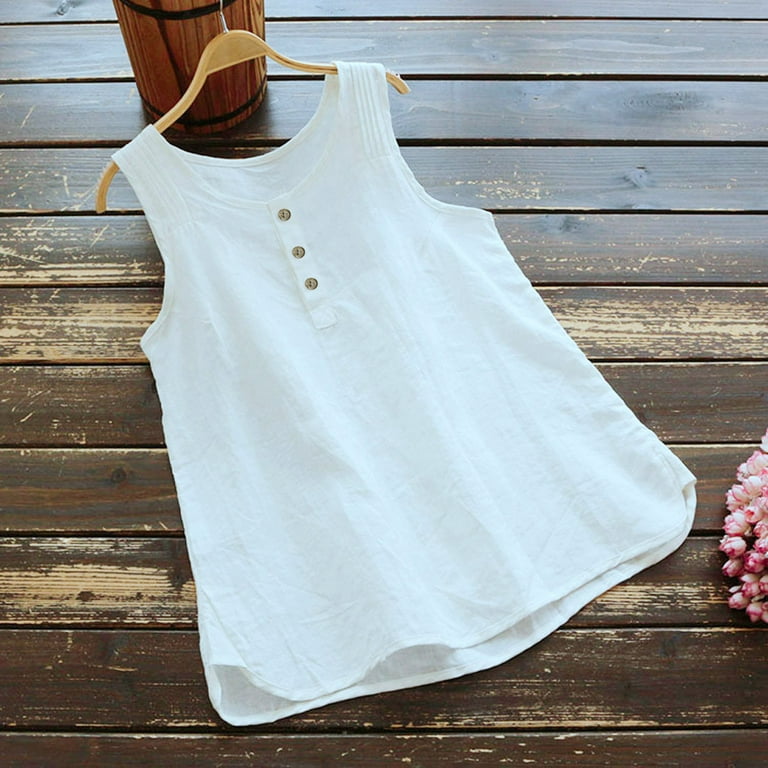 Women's Linen Tank Tops Loose Fitting Flowy Summer Shirts Solid Color  Sleeveless Leisure Blouse Tee