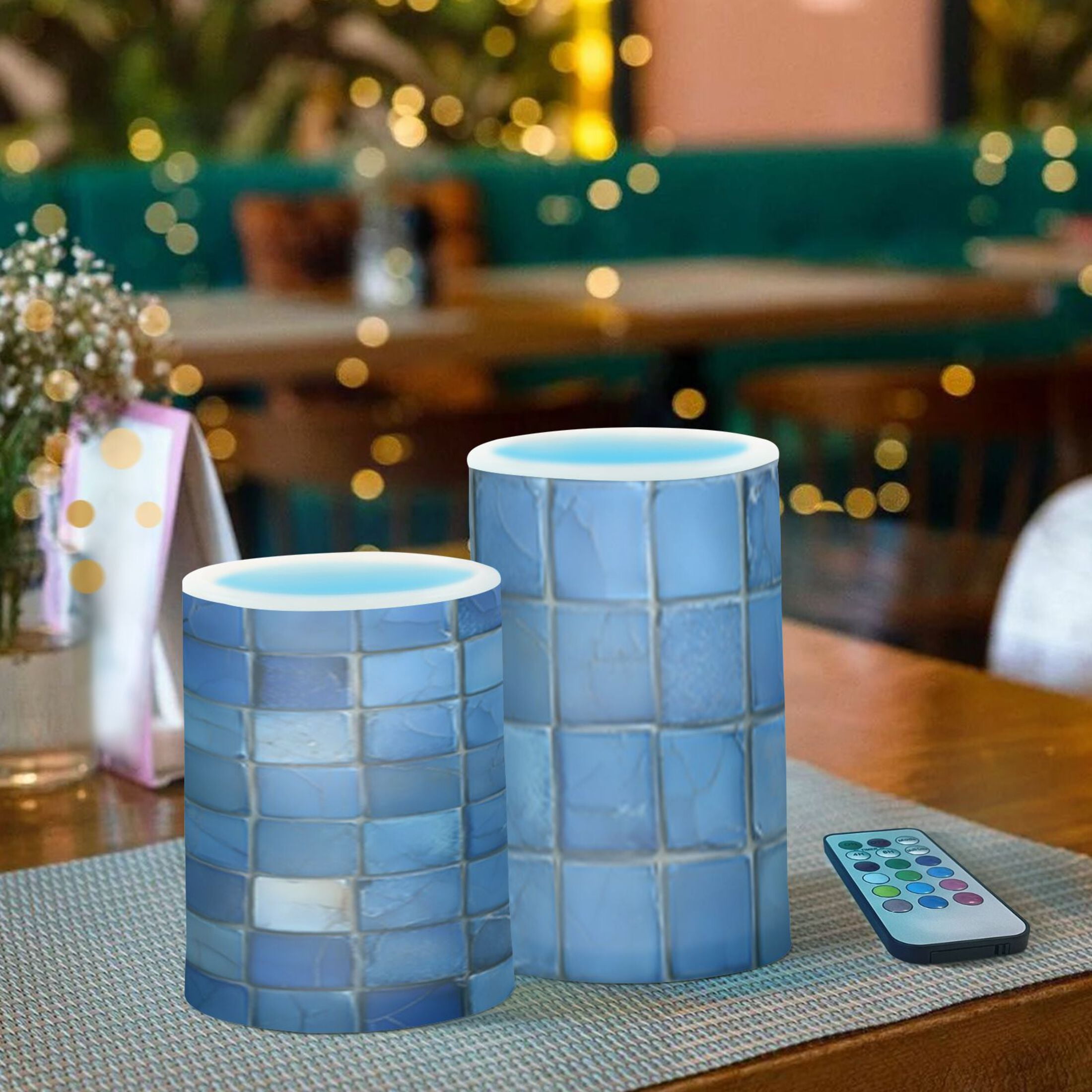 Dark Blue Square Flickering Flameless Candles Battery Operated with Remote Timer LED Pillar Candles Set of 2