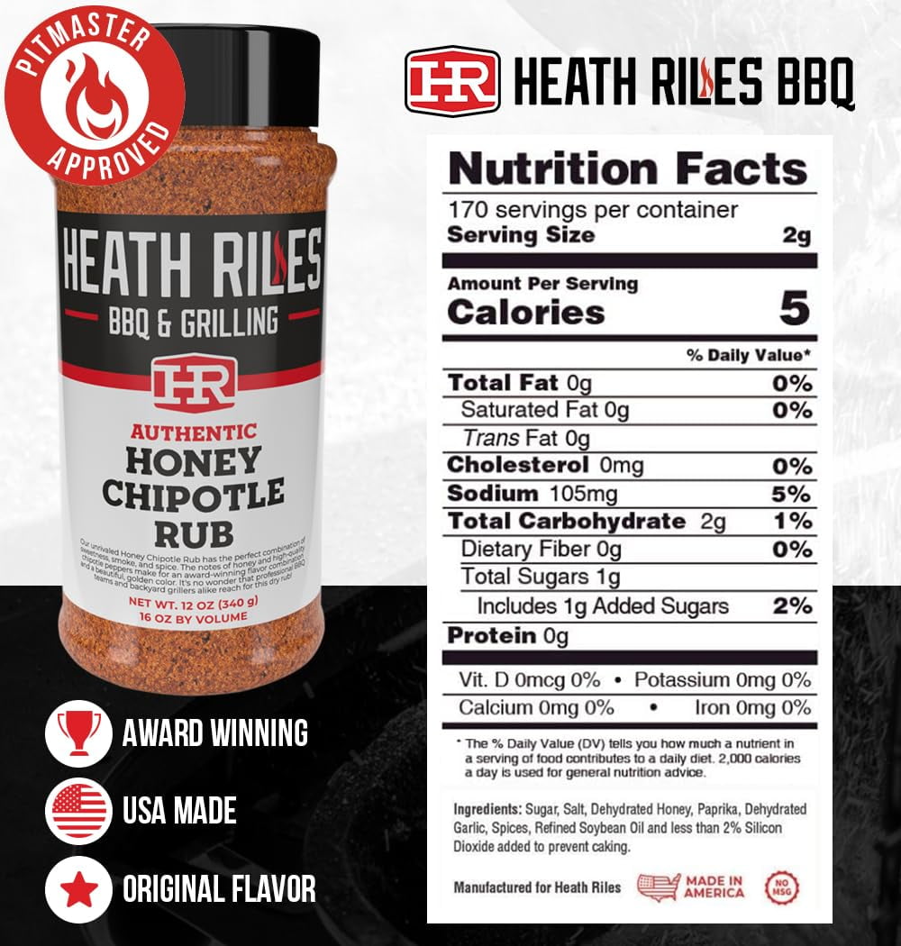 (2 pack) Heath Riles BBQ Rub Honey Chipotle Seasoning Champion Pitmaster Recipe Legendary Rubs for Smoking & Grilling 70+ BBQ Championships 12 oz