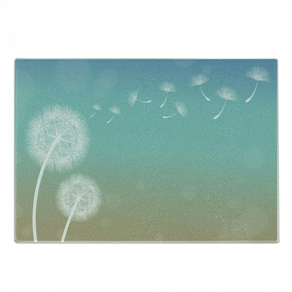Dandelion Cutting Board, Blowball Flowers on Wind Blossoming Nature Outdoors of Growth, Decorative Tempered Glass Cutting and Serving Board, Small Size, Turquoise Tan White, by Ambesonne