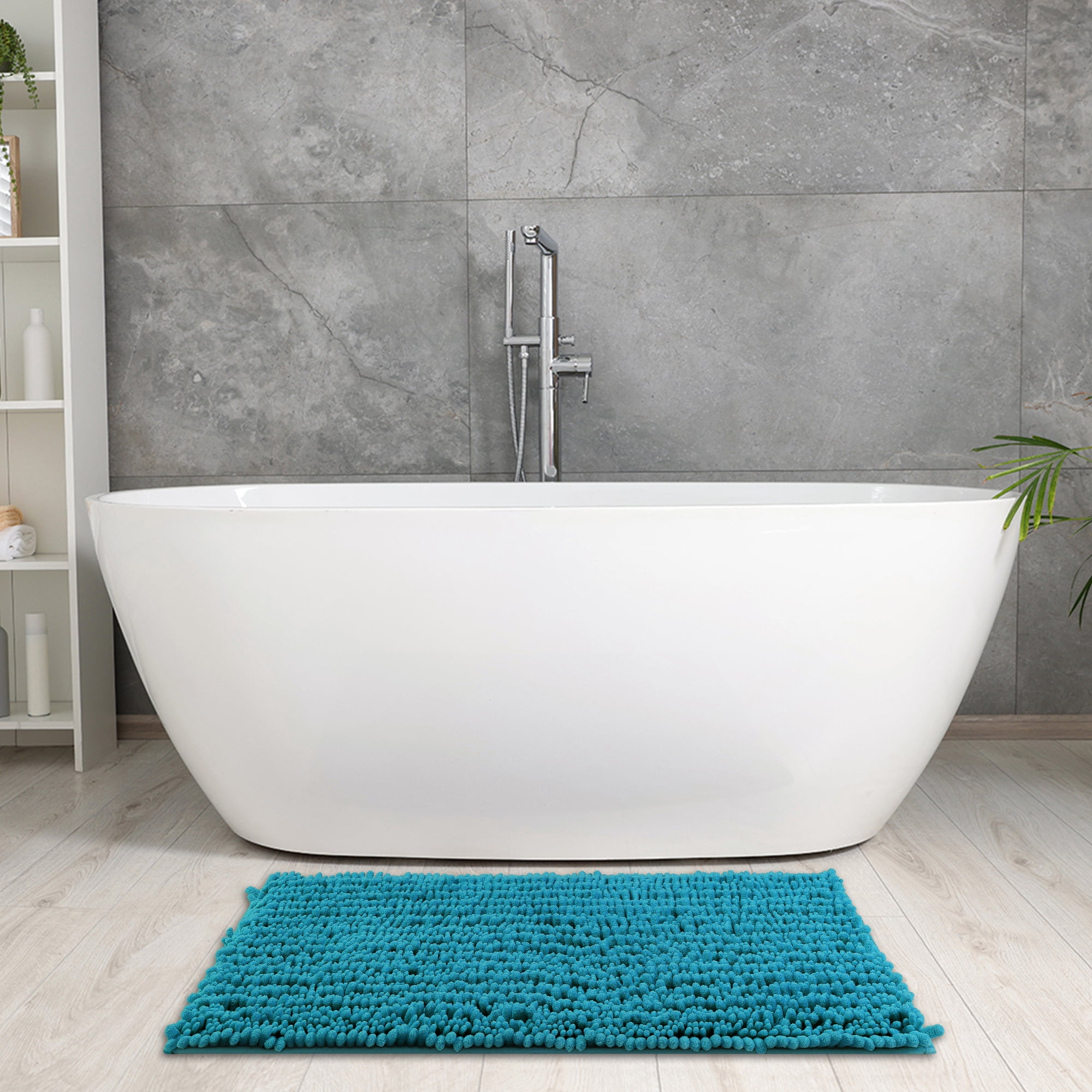 Unique Bargains Chenille Bathroom Rugs Non-Slip Bath Rugs Plain Washable Soft Shower Mat Blue 20" x 32"