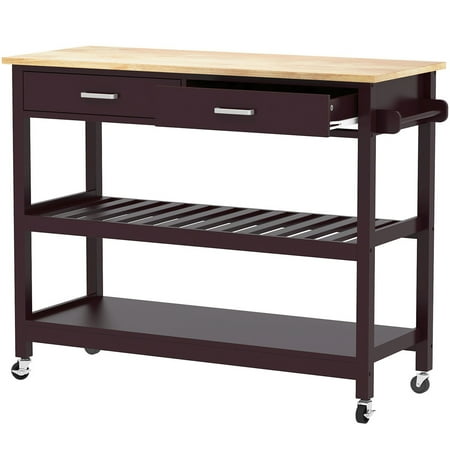 Kitchen Island Shelves - Clevr Rolling Kitchen Cart Island Trolley with Rubberwood Top & Towel Rack, Walnut Color