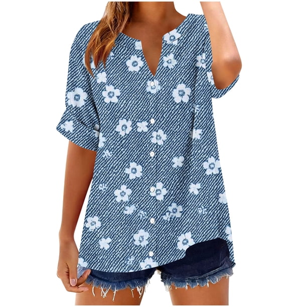 Camisetas Casuales de Mujer con Cuello en V Manga Corta Solta Botón de Verano Impreso Camiseta de Moda