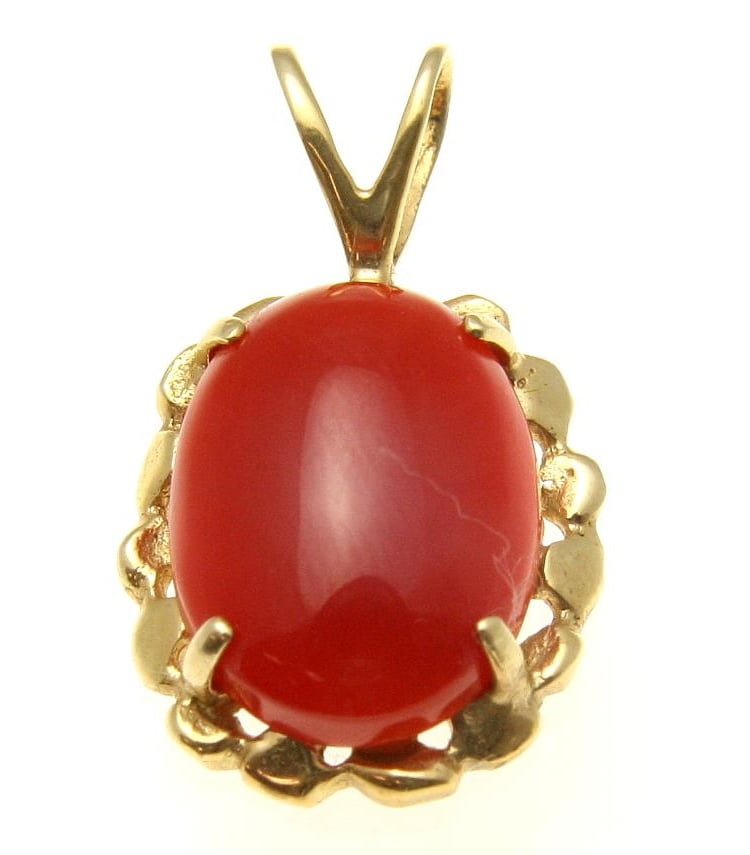 Geniune natural red coral pendant set in solid 14k yellow gold 14.5mm by
