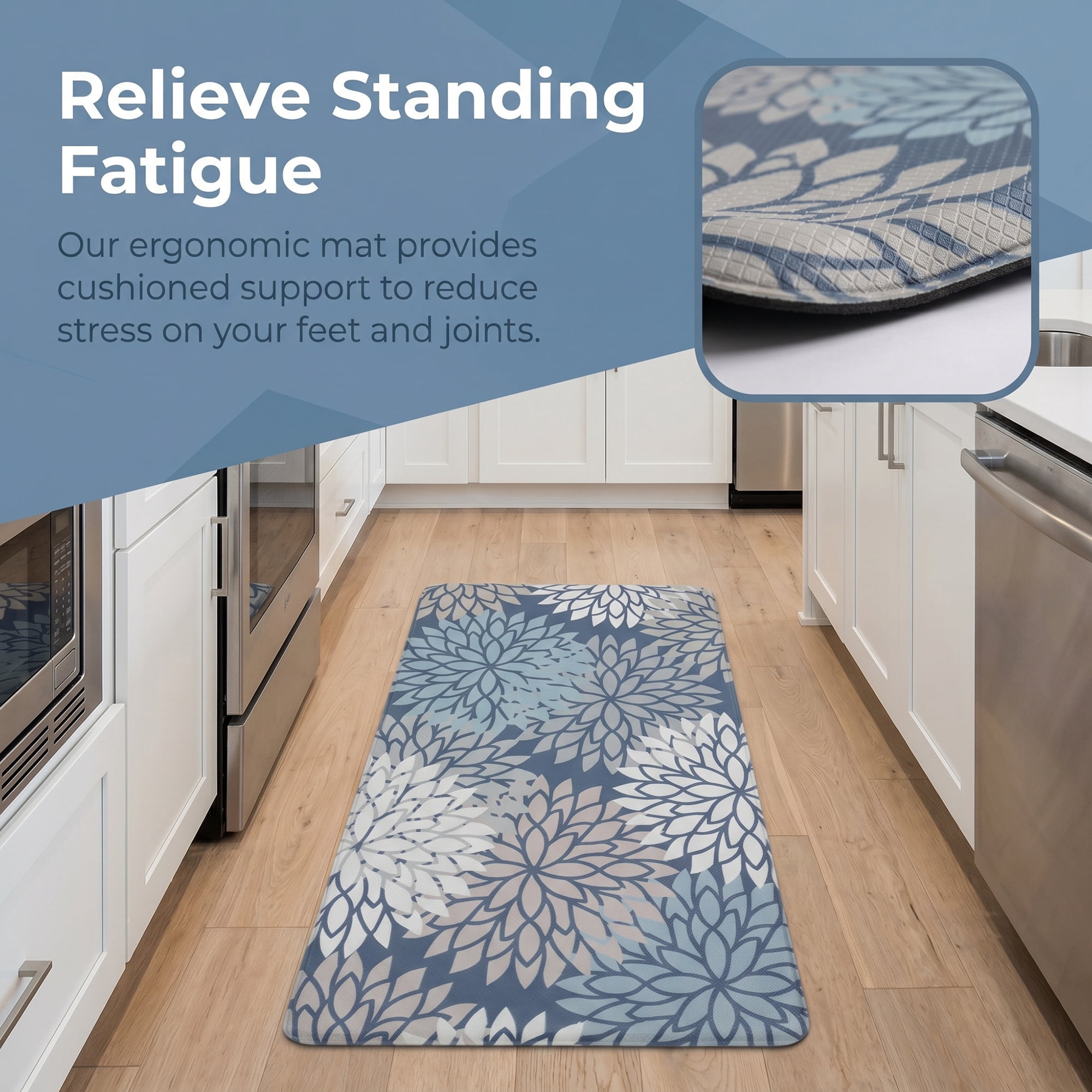 Unique Bargains Ergonomic Kitchen Mats Blue Flower 30" x 17"