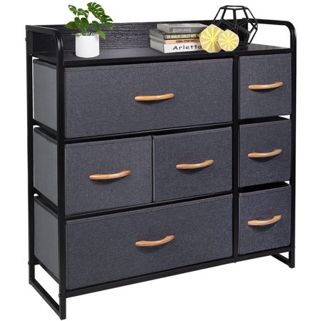 CERBIOR 7 Drawer Fabric Dresser Chest Of Drawers Nightstand With Wood Top Rustic Storage Tower Storage Dresser Closet For Living Room, Bedroom, Hallway, Nursery, Dark Grey