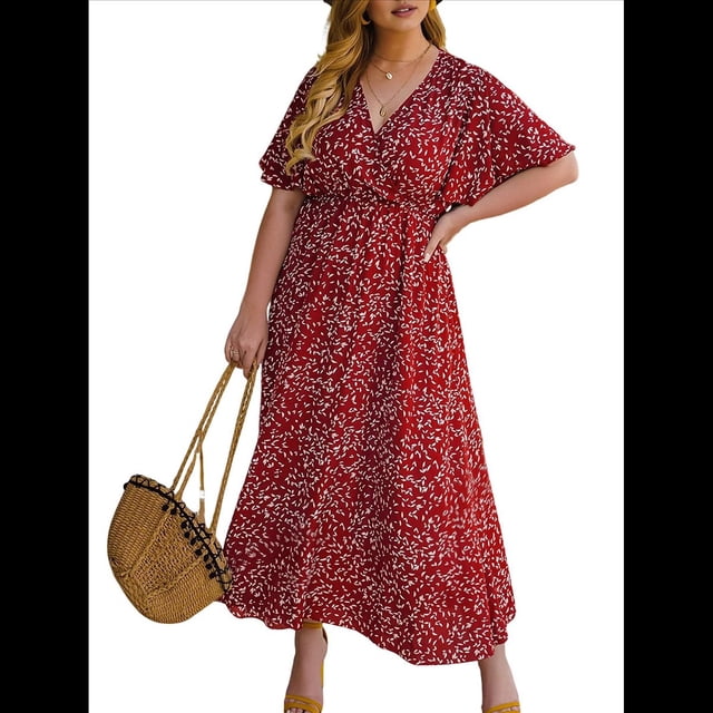 Vestido Corto de Corte A con Escote en V, Corta, Volantes y Dobladillo para Mujer, Talla Grande Rojo XXL