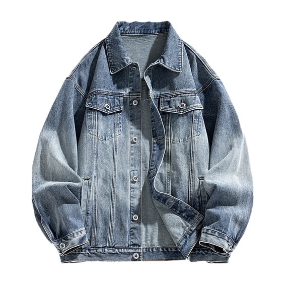 VNKIDY Men's Coat Spring Autumn Solid Color Oversized Denim Jacket With Collared Long Sleeve Button Front Classic Stitching Style Trendy Coat For Casual Daily Streetwear Activities Warm Outerwear