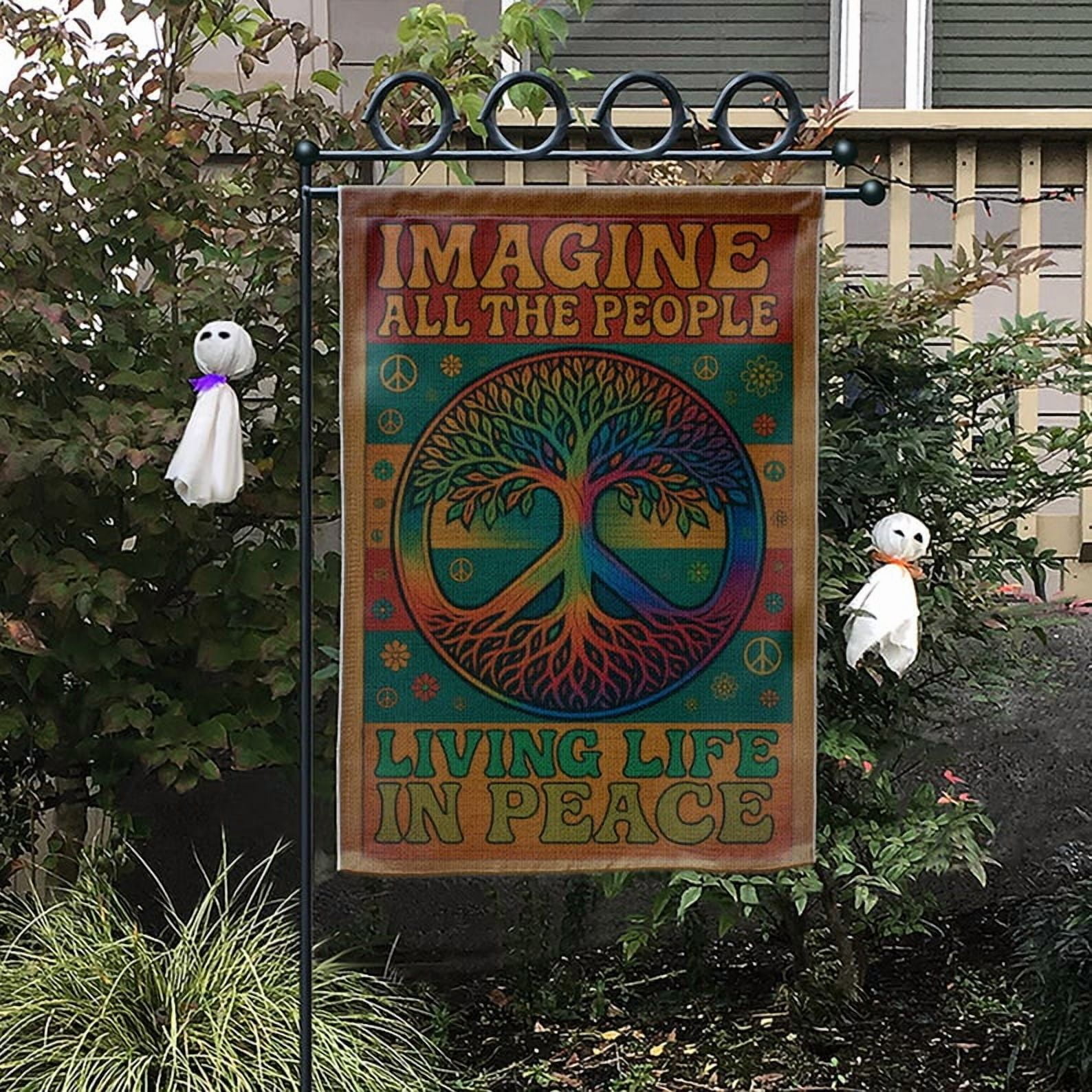 TiniDecor Peace Tree Garden Flag – 28”x40” Imagine All the People Outdoor Yard Banner, Hippie Boho Décor