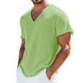 thumbnail image 2 of Bohemian Raw Hem V Neck Mens Short Sleeve Shirt, Fringe Casual Pullover, Skin Friendly Linen Blend Fabric for Seaside Walking Daily Vacation Outfits Light Green S, 2 of 8