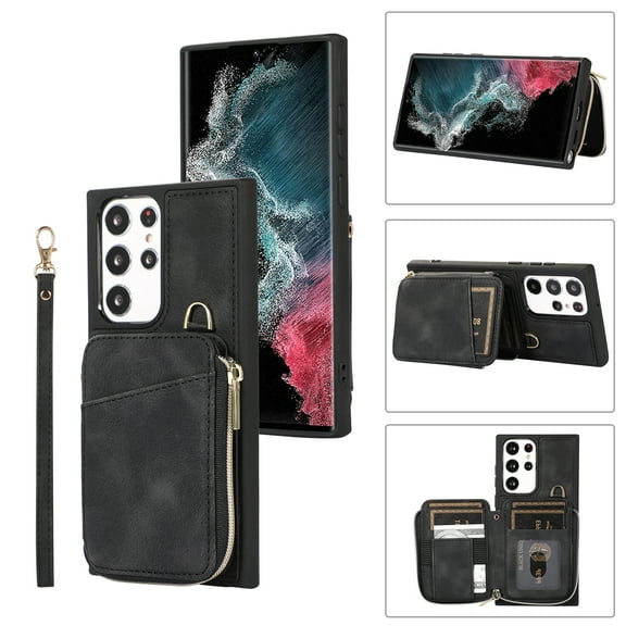 Dteck Zipper Wallet Case for Samsung Galaxy S23 Ultra,Shockproof Leather 5 Card Slots Holder Wrist Crossbody Strap Handbag Protective Kickstand Cover for Galaxy S23 Ultra,Black
