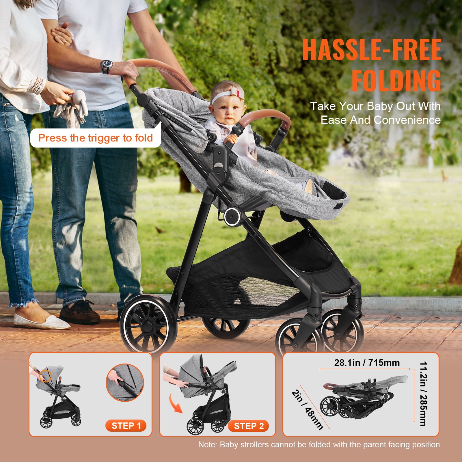 KFFKFF 2 in 1 Convertible Baby Stroller, Foldable Infant Newborn Bassinet Pram, Unisex Travel Stroller for Newborn Baby, Dark Grey