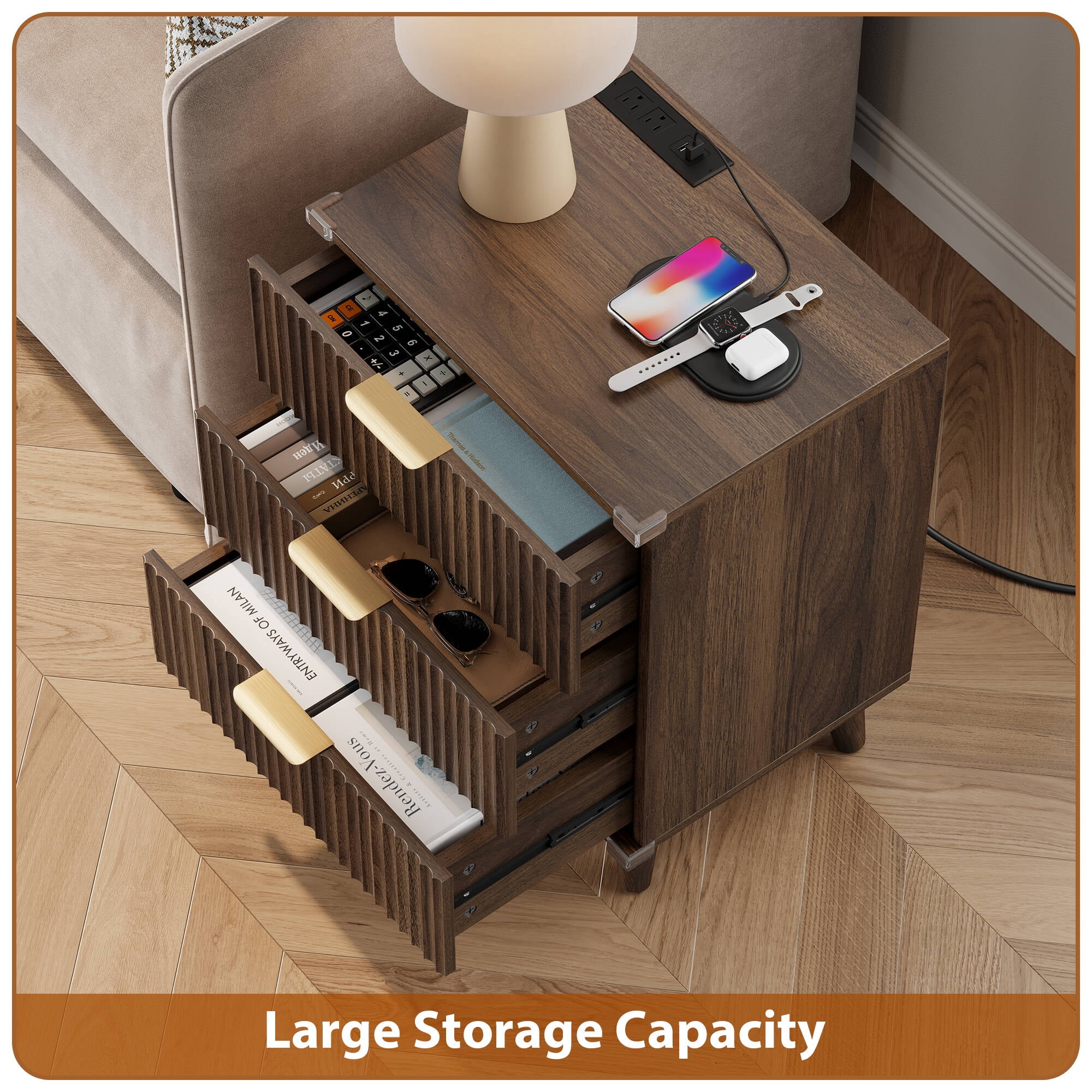 GIKPAL Night Stands for Bedroom Set of 2, Modern Bedside Table with 3 Drawers & Charging Station,Fluted Panel End Tables for Bedroom & Living Room, Walnut