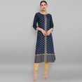 thumbnail image 3 of Janasya Indian Round Neck 3/4 Sleeve Ethnic Motifs Dark Blue Rayon Kurta For Women, 3 of 7