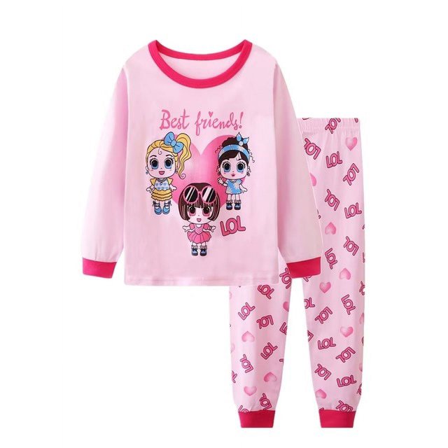 2 Pcs Ensembles de Pyjama en Coton Rose à Col Rond Imprimé Unicorn Décontracté pour Filles