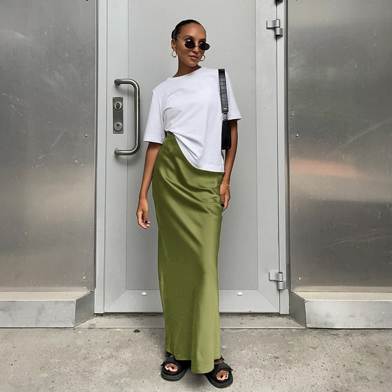 【INCHANT ME】Newpopo Strap Long Skirt BUIgtTklOP Scoop Women's Satin Silky High Waist Maxi Skirt