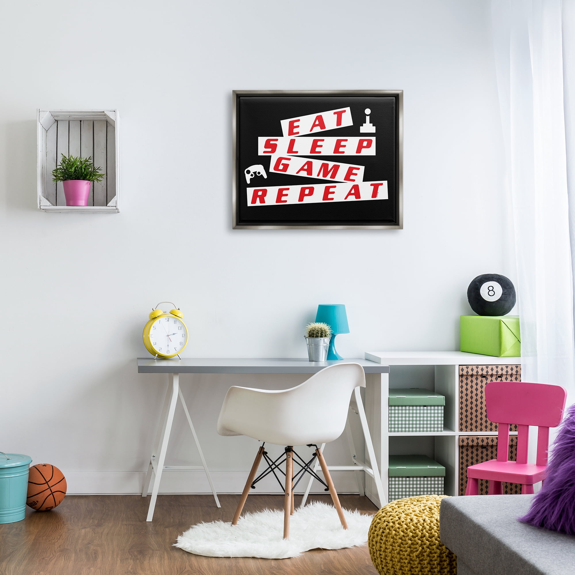 Stupell Eat Sleep Game Repeat Black Red Beauty & Fashion Painting Gray Floater Framed Art Print Wall Art