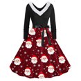 thumbnail image 1 of TIMIFIS Robes de Noël pour Femmes Imprimé de Noël Laid Robes Ligne A Robe de Bal Col en V Manches Longues Plissée Rétro, 1 of 3